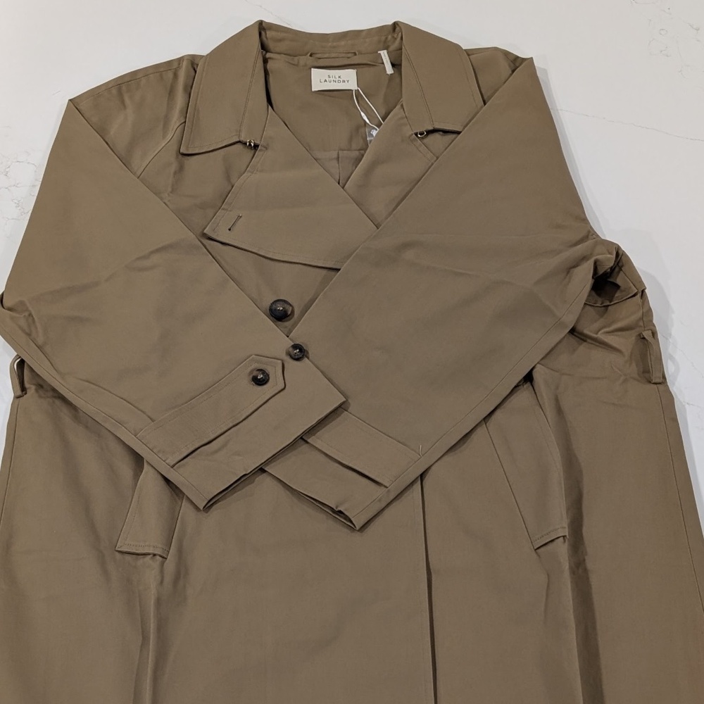 Silk Laundry The Italian Trench Coat Womens L Tan Brown Belted Cotton NWT Italy